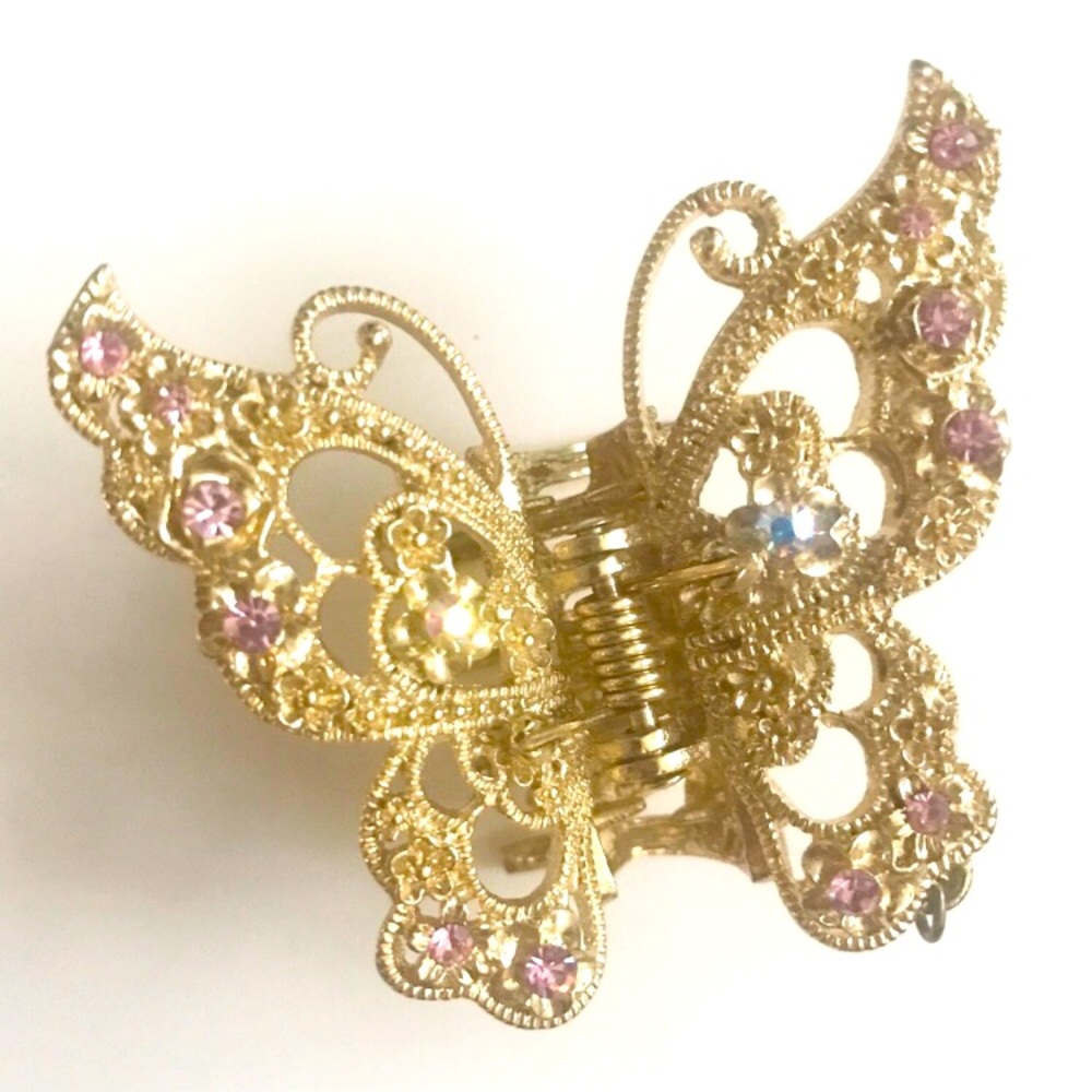 Gold-Toned Butterfly Hair Clip w/ Pink Line Stones